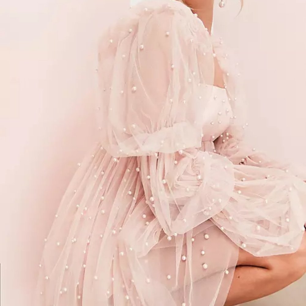 NWOT ASOS LUXE tulle baby doll dress with pearls in blush / peach
